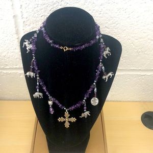Genuine amethyst with multiple animal charms long strand necklace